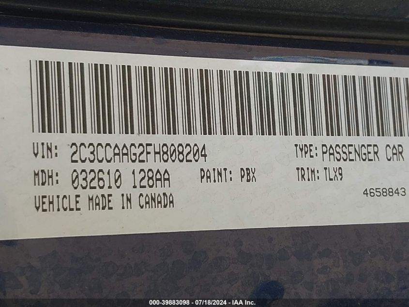 2015 Chrysler 300 Limited VIN: 2C3CCAAG2FH808204 Lot: 39883098