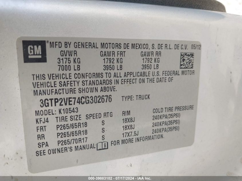 2012 GMC Sierra 1500 Sle VIN: 3GTP2VE74CG302676 Lot: 39883102