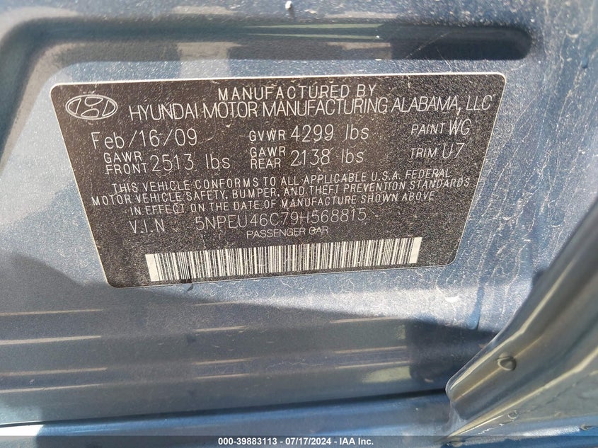 2009 Hyundai Sonata Limited VIN: 5NPEU46C79H568815 Lot: 39883113