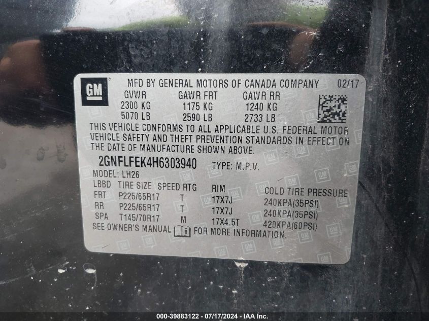 2017 Chevrolet Equinox Lt VIN: 2GNFLFEK4H6303940 Lot: 39883122