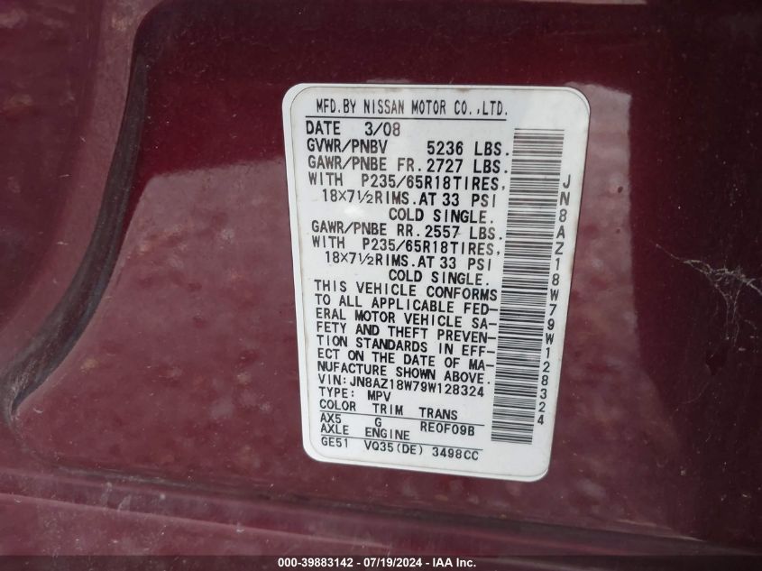 2009 Nissan Murano S/Sl/Le VIN: JN8AZ18W79W128324 Lot: 39883142