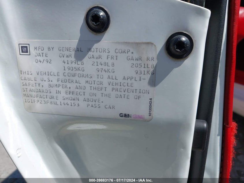 1992 Chevrolet Camaro Z28 VIN: 1G1FP23F8NL144153 Lot: 39883176