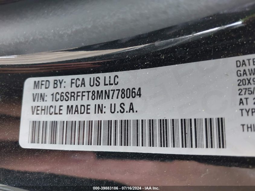 2021 Ram 1500 Big Horn 4X4 5'7 Box VIN: 1C6SRFFT8MN778064 Lot: 39883186