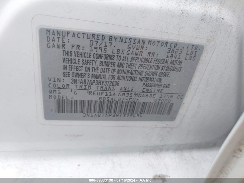 2017 Nissan Sentra Sv VIN: 3N1AB7AP3HY372696 Lot: 39883190