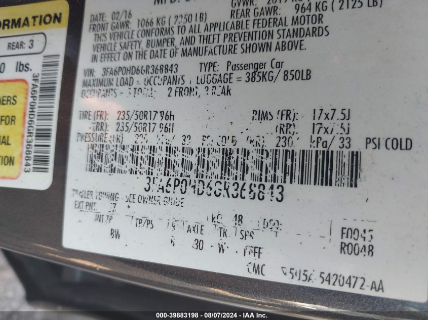 2016 FORD FUSION VIN: 3FA6P0HD6GR368843