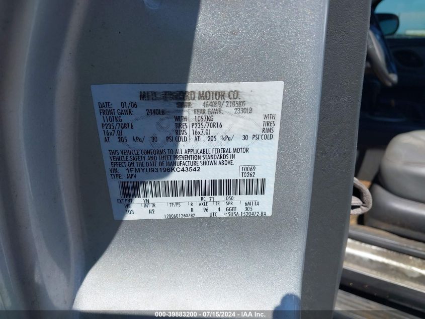 2006 Ford Escape Xlt/Xlt Sport VIN: 1FMYU93196KC43542 Lot: 39883200