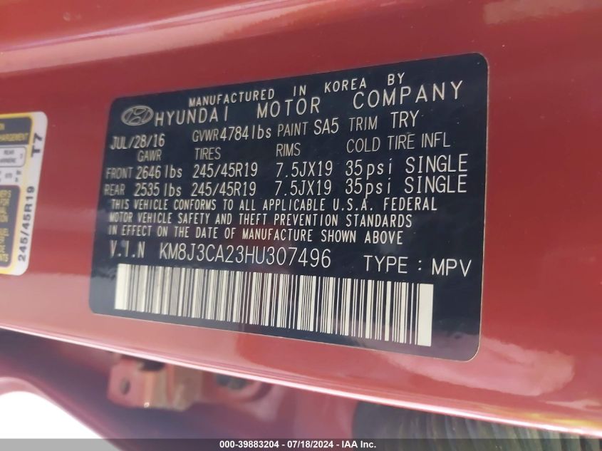 2017 Hyundai Tucson Limited VIN: KM8J3CA23HU307496 Lot: 39883204