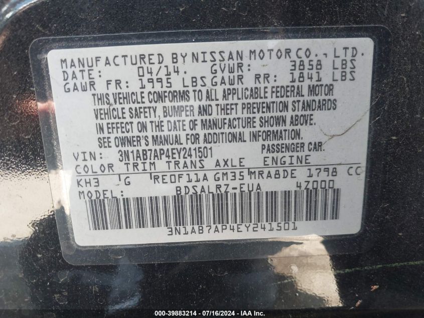 2014 Nissan Sentra Sr VIN: 3N1AB7AP4EY241501 Lot: 39883214