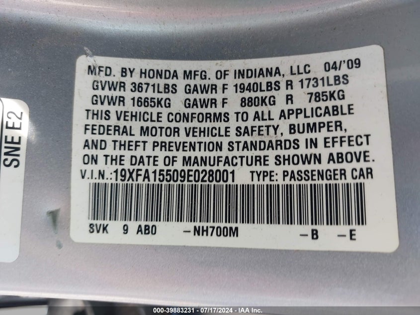 2009 Honda Civic Lx VIN: 19XFA15509E028001 Lot: 39883231