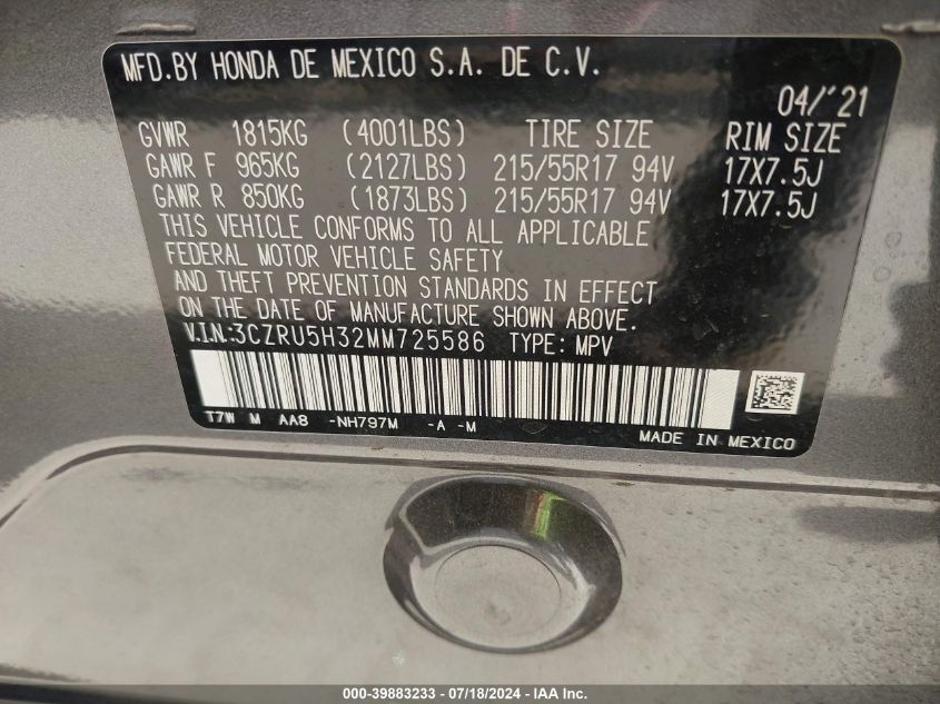 2021 Honda Hr-V Lx VIN: 3CZRU5H32MM725586 Lot: 39883233
