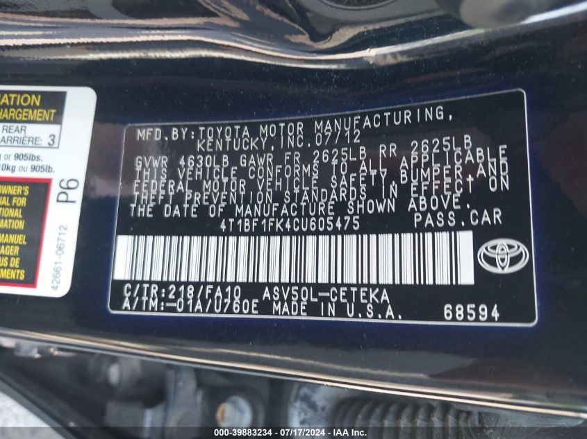 2012 Toyota Camry L VIN: 4T1BF1FK4CU605475 Lot: 39883234