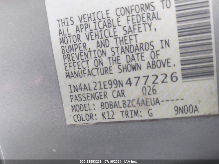 2009 Nissan Altima 2.5 S VIN: 1N4AL21E99N477226 Lot: 39883239