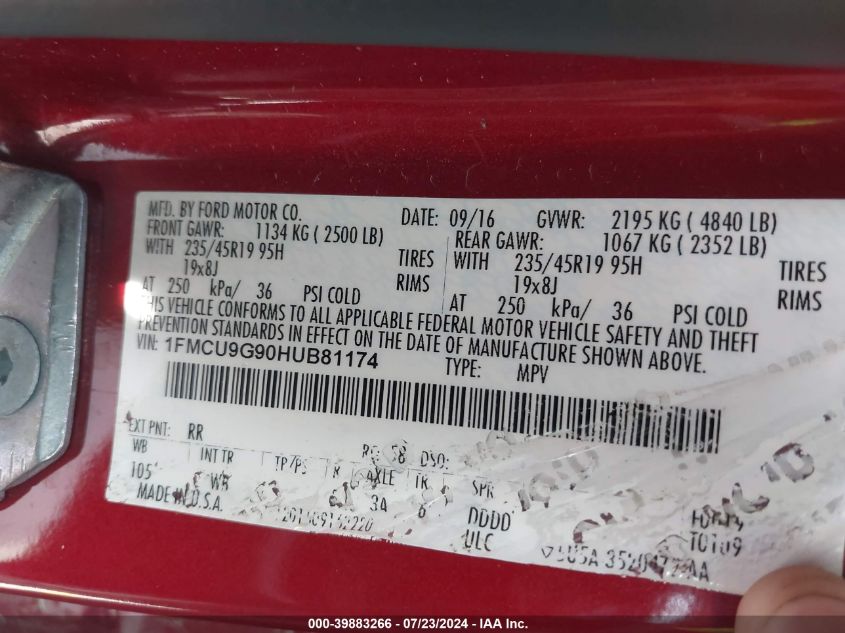 2017 Ford Escape Se VIN: 1FMCU9G90HUB81174 Lot: 39883266