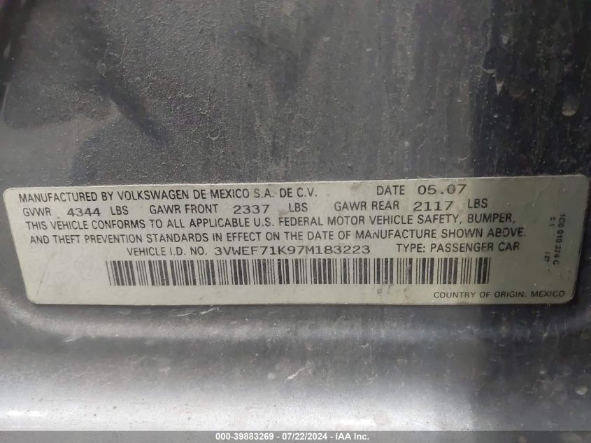 2007 Volkswagen Jetta Wolfsburg Edition VIN: 3VWEF71K97M183223 Lot: 39883269