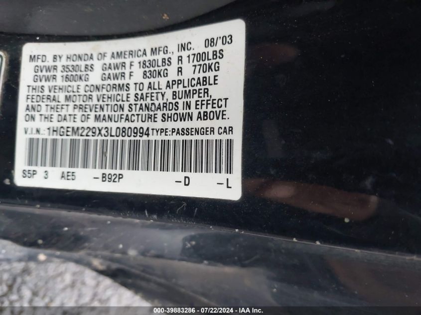 2003 Honda Civic Ex VIN: 1HGEM229X3L080994 Lot: 39883286