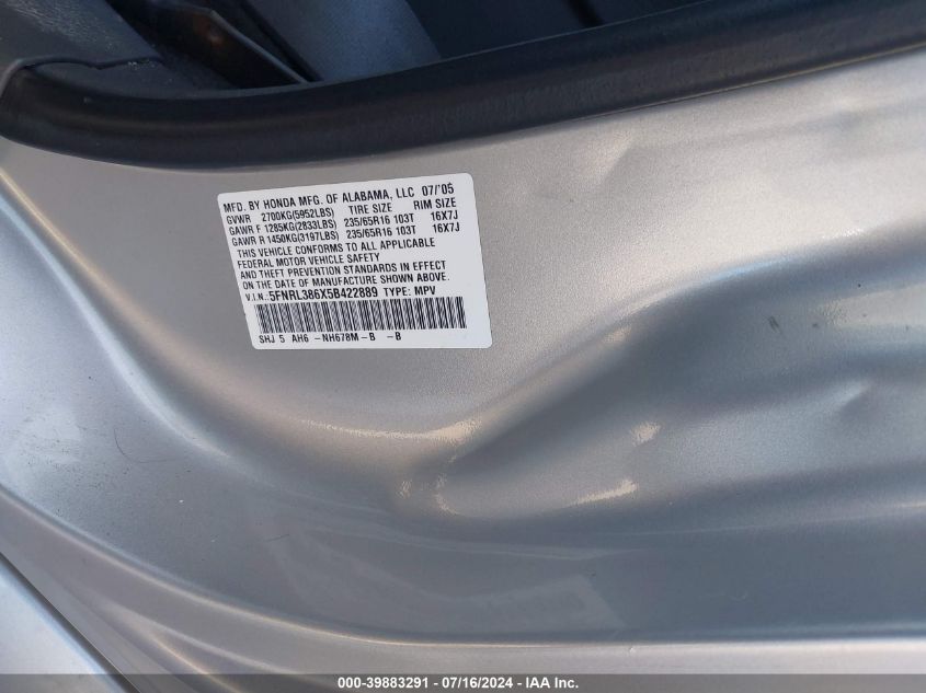 2005 Honda Odyssey Ex-L VIN: 5FNRL386X5B422889 Lot: 39883291