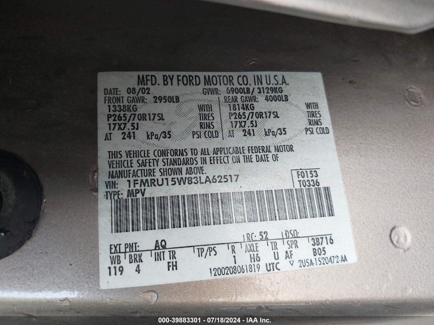 2003 Ford Expedition Xlt VIN: 1FMRU15W83LA62517 Lot: 39883301