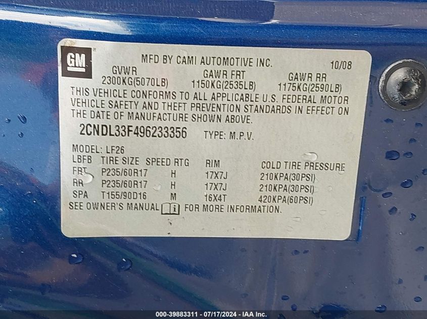 2009 Chevrolet Equinox Lt VIN: 2CNDL33F496233356 Lot: 39883311