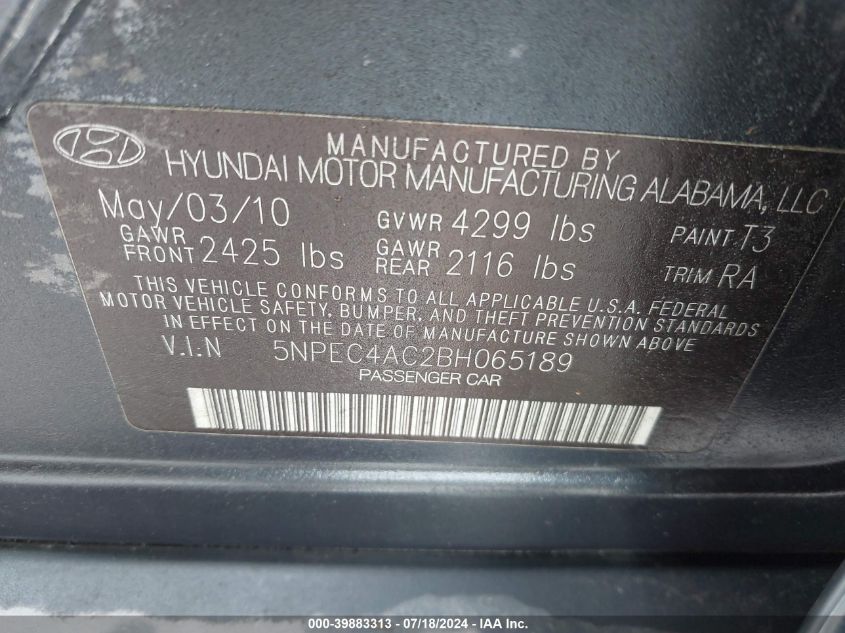 2011 Hyundai Sonata Se VIN: 5NPEC4AC2BH065189 Lot: 39883313