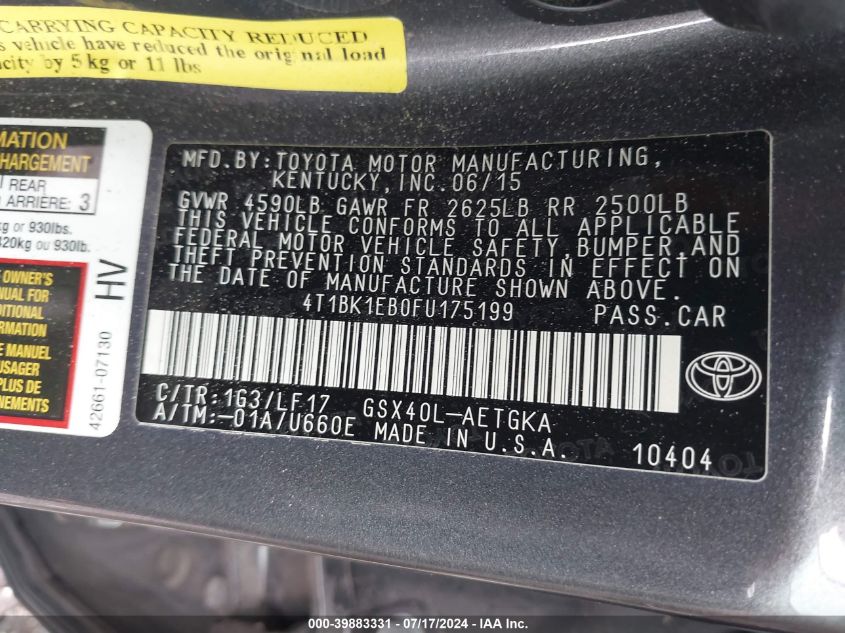 2015 Toyota Avalon Xle Premium VIN: 4T1BK1EB0FU175199 Lot: 39883331