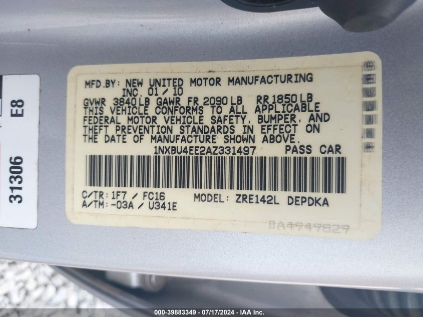 2010 Toyota Corolla Le VIN: 1NXBU4EE2AZ331497 Lot: 39883349