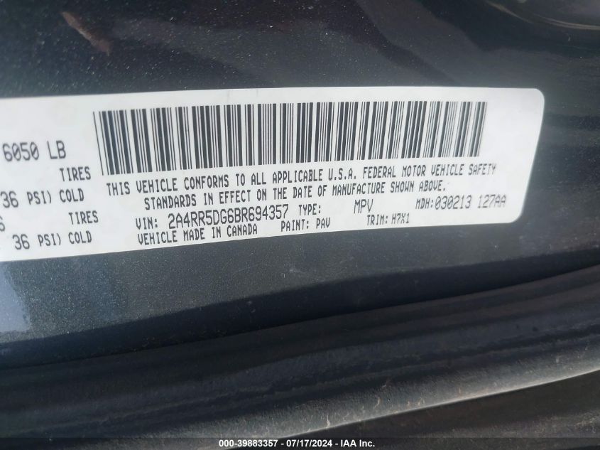 2011 Chrysler Town & Country Touring VIN: 2A4RR5DG6BR694357 Lot: 39883357