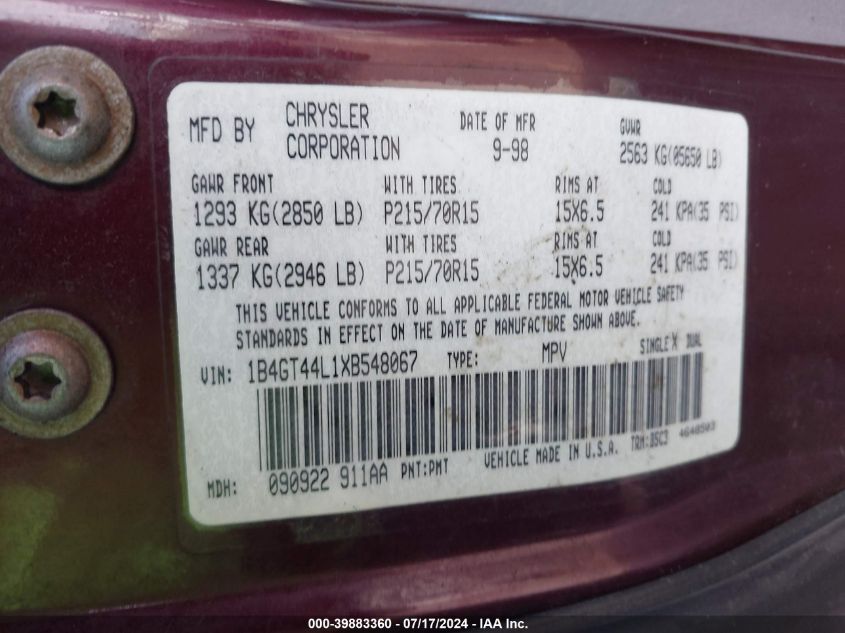 1999 Dodge Grand Caravan Se VIN: 1B4GT44L1XB548067 Lot: 39883360