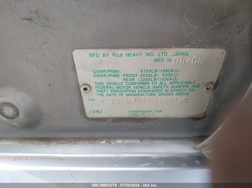 2007 Subaru Forester 2.5X VIN: JF1SG63647H709930 Lot: 39883379