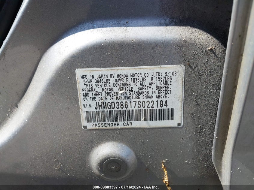 2007 Honda Fit Sport VIN: JHMGD38617S022194 Lot: 39883397