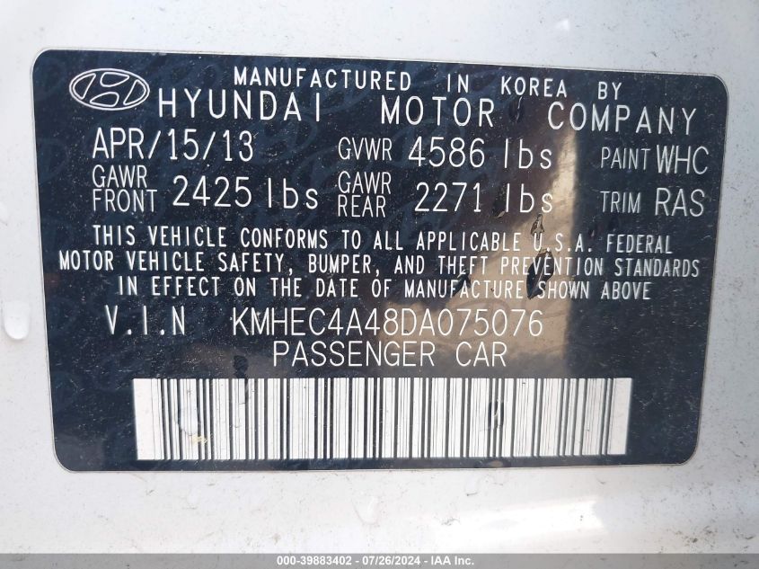 2013 Hyundai Sonata Hybrid Limited VIN: KMHEC4A48DA075076 Lot: 39883402