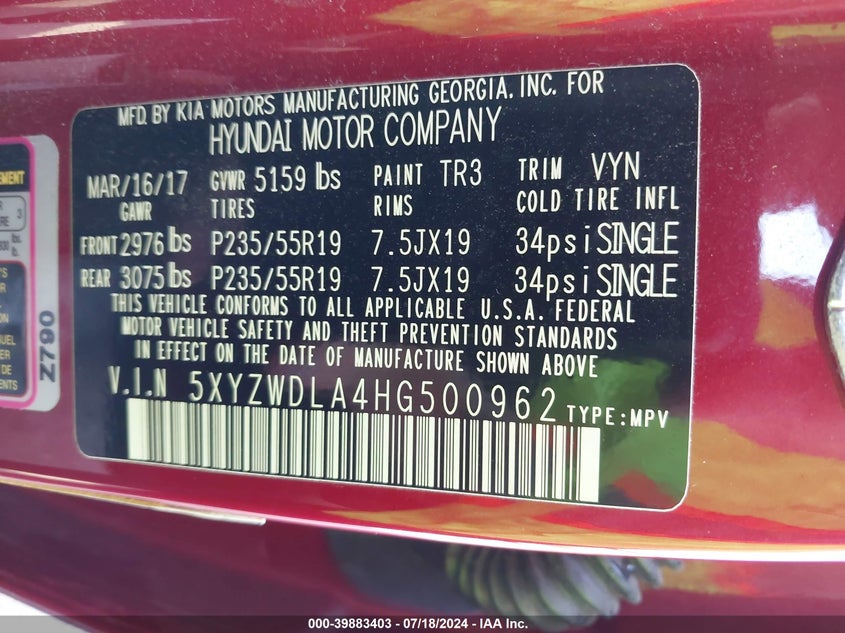 2017 Hyundai Santa Fe Sport 2.0T Ultimate VIN: 5XYZWDLA4HG500962 Lot: 39883403