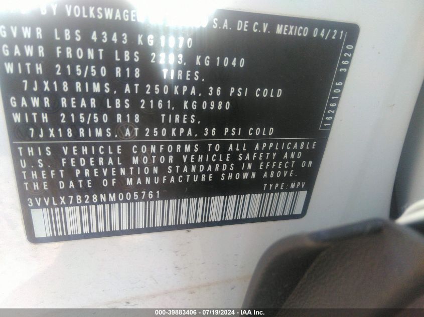 3VVLX7B28NM005761 2022 Volkswagen Taos Se Iq Drive/Sel