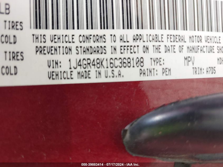 2006 Jeep Grand Cherokee Laredo/Columbia/Freedom VIN: 1J4GR48K16C368108 Lot: 39883414