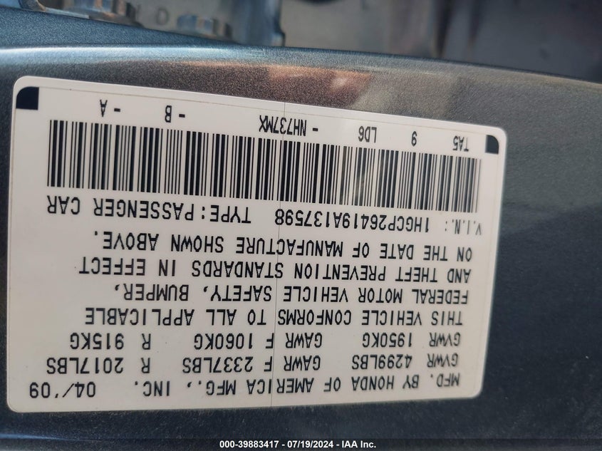 2009 Honda Accord 2.4 Lx-P VIN: 1HGCP26419A137598 Lot: 39883417