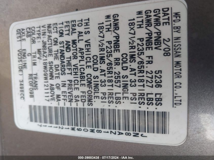 2009 Nissan Murano S VIN: JN8AZ18W09W121117 Lot: 39883438