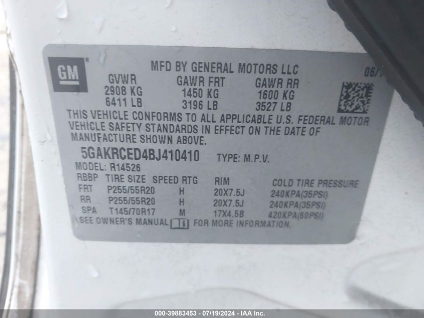 2011 Buick Enclave 2Xl VIN: 5GAKRCED4BJ410410 Lot: 39883453