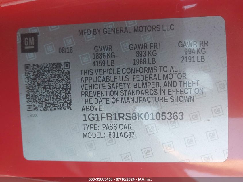 2019 Chevrolet Camaro Ls/Lt VIN: 1G1FB1RS8K0105363 Lot: 39883458