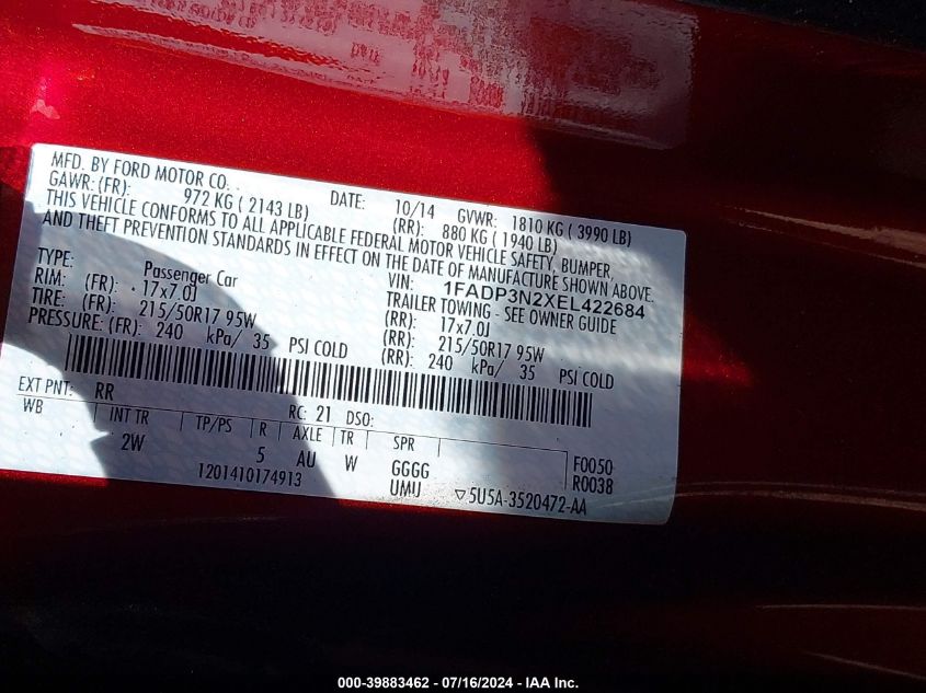 1FADP3N2XEL422684 | 2014 FORD FOCUS