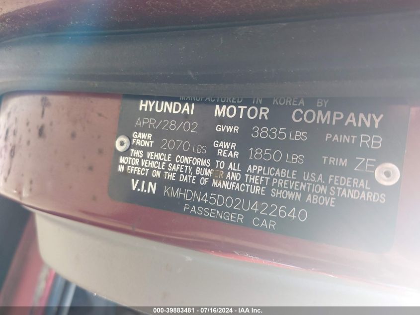 2002 Hyundai Elantra Gls VIN: KMHDN45D02U422640 Lot: 39883481