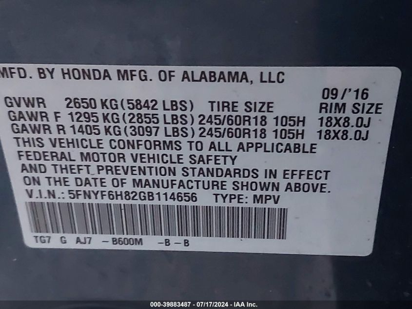 2016 Honda Pilot Exl VIN: 5FNYF6H82GB114656 Lot: 39883487