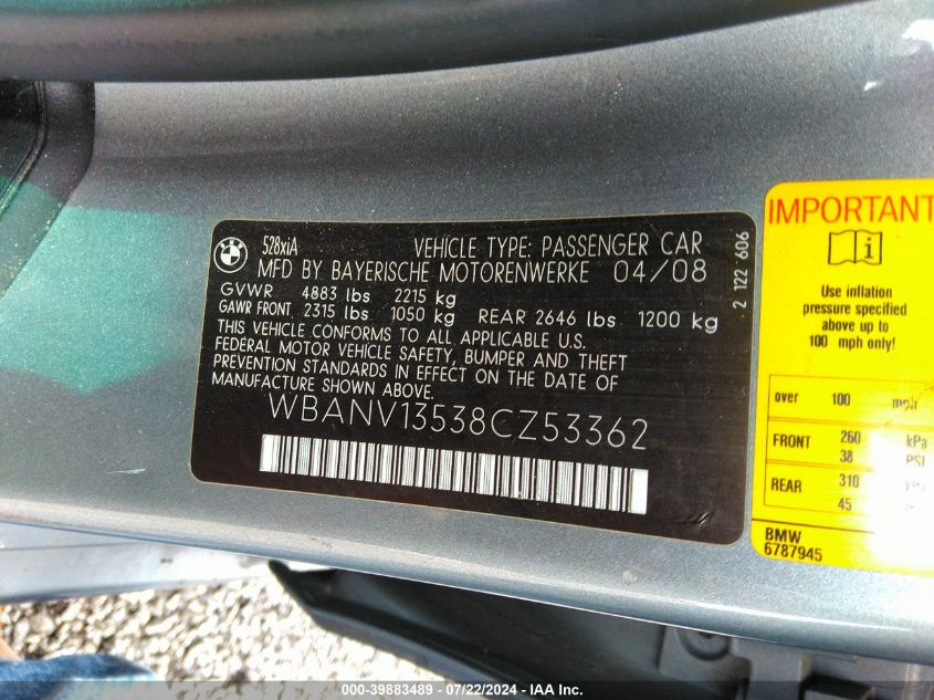 2008 BMW 528Xi VIN: WBANV13538CZ53362 Lot: 39883489