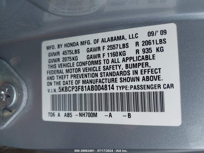 2010 Honda Accord 3.5 Ex-L VIN: 5KBCP3F81AB004814 Lot: 39883491