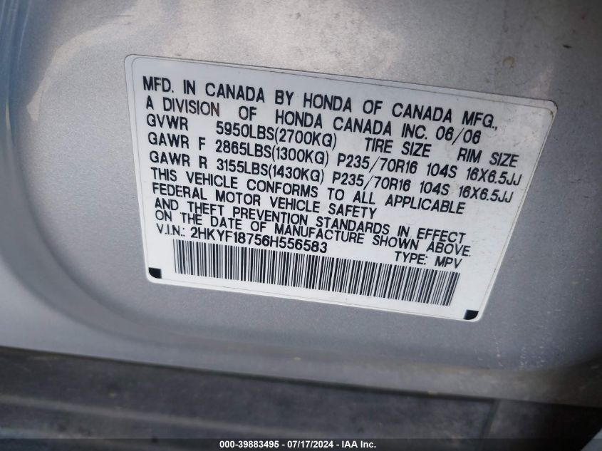 2006 Honda Pilot Ex VIN: 2HKYF18756H556583 Lot: 39883495