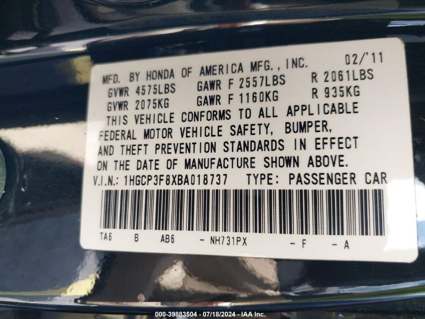 2011 Honda Accord Sdn Ex-L VIN: 1HGCP3F8XBA018737 Lot: 39883504