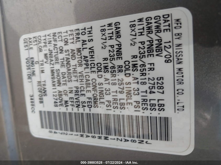 2010 Nissan Murano Sl VIN: JN8AZ1MW9AW112748 Lot: 39883528