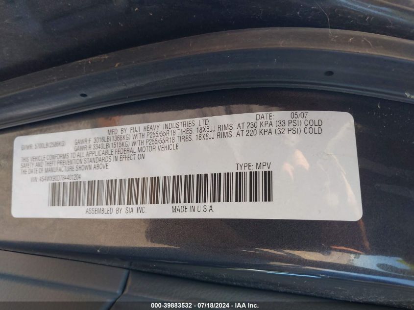 2008 Subaru Tribeca Limited VIN: 4S4WX90D784401204 Lot: 39883532