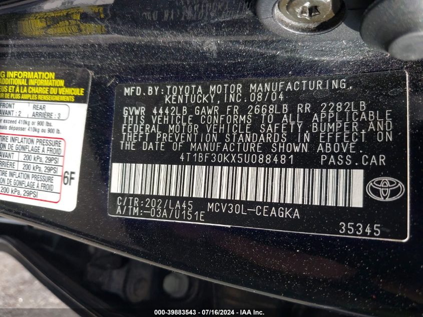 2005 Toyota Camry Xle V6 VIN: 4T1BF30KX5U088481 Lot: 39883543