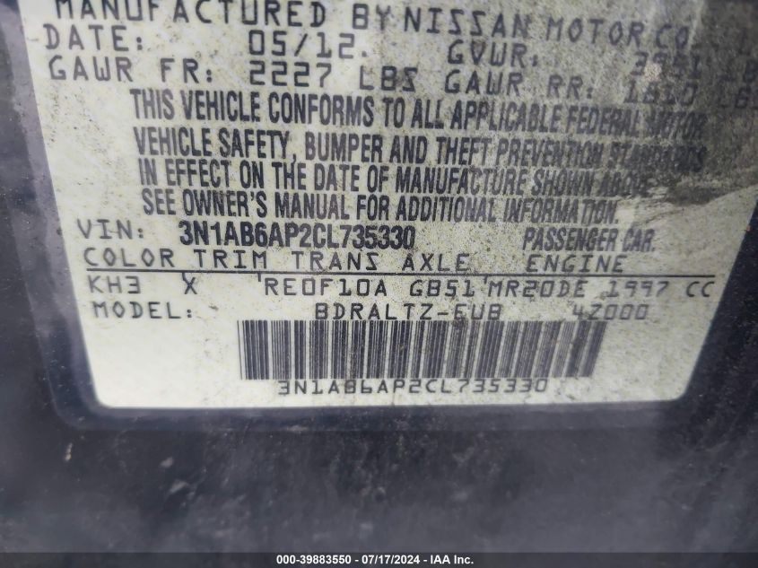 2012 Nissan Sentra 2.0 Sr VIN: 3N1AB6AP2CL735330 Lot: 39883550