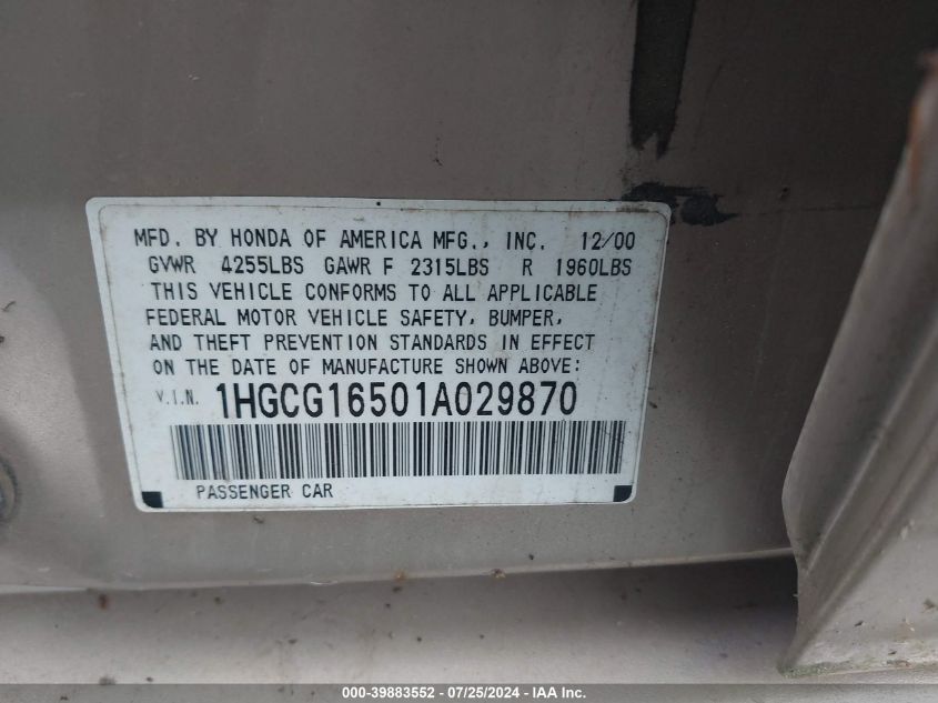 2001 Honda Accord Ex VIN: 1HGCG16501A029870 Lot: 39883552