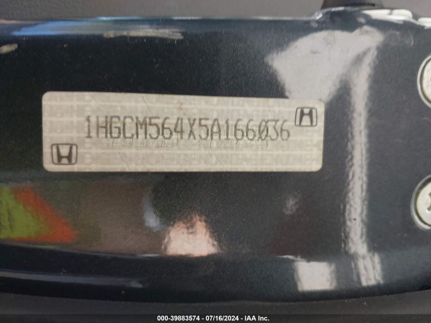 2005 Honda Accord 2.4 Lx VIN: 1HGCM564X5A166036 Lot: 39883574